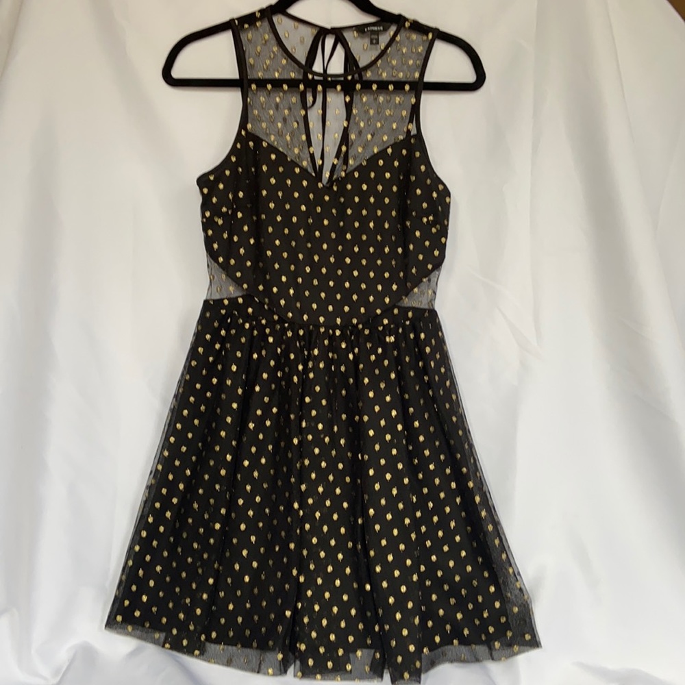 Worn once Express size small black and gold polka dot dress
